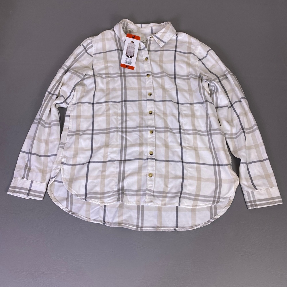 Jachs Girlfriend Flannel Shirt Medium Plaid Button‎ Down White Tan Gray New NWT